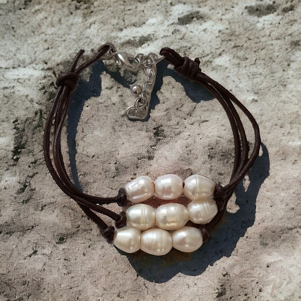 Fresh Water Pearl Bracelet Corded Brown Multi Strand Coastal Beach Adjustable.‎